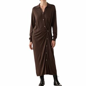 Zara Grey/Brown Draped Knit Midi Dress Collared Button Front Minimalist S/M
